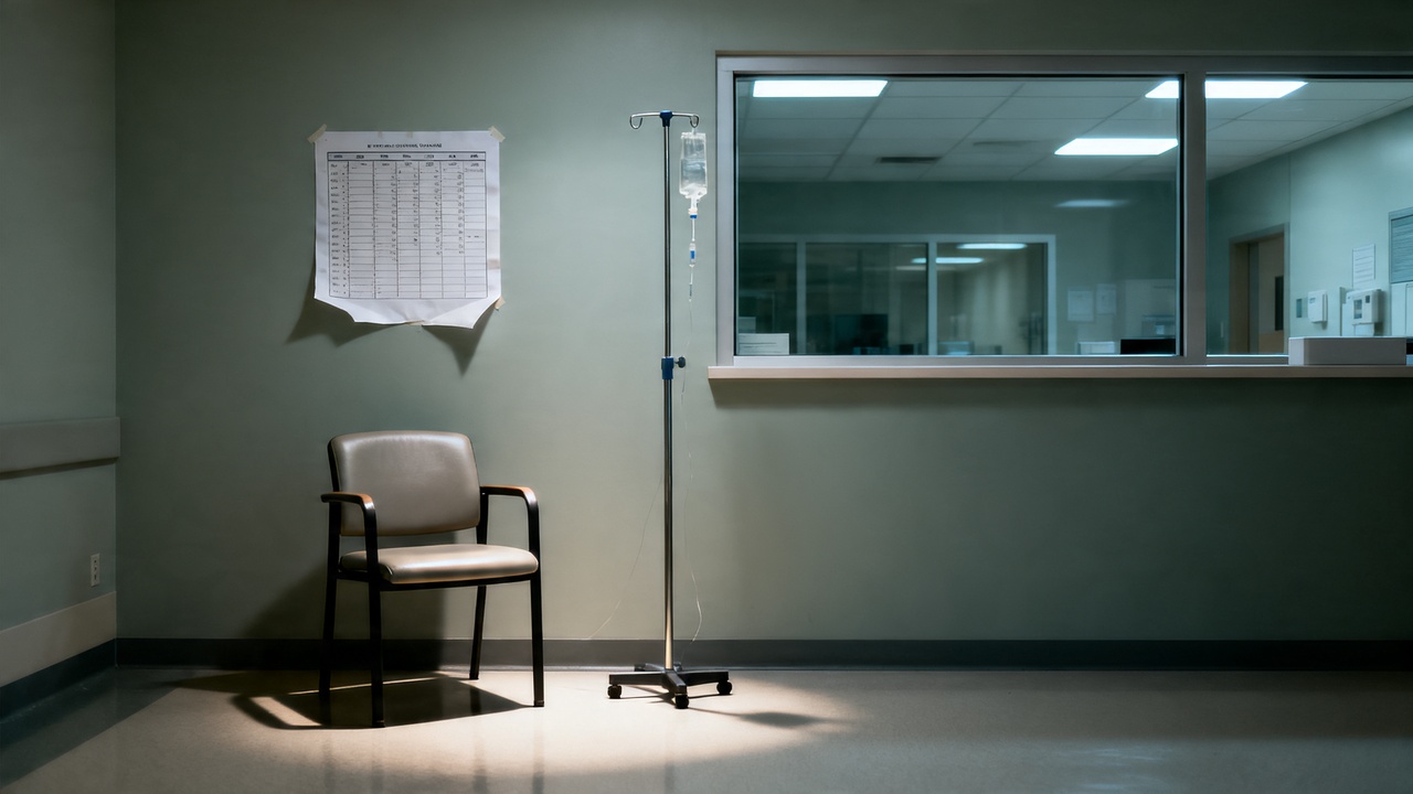 A Monday-morning infusion clinic in the Midwest, fluorescent light on an empty chair, a fresh schedule taped to the wall for the week ahead, no patient yet arrived.