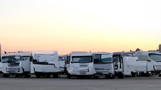 Amazon delivery vans stand in a distribution yard at dawn with barcode scanners visible on clipboards in the foreground