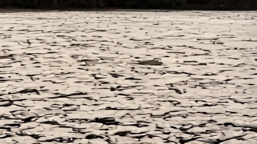 A cracked reservoir bed at dusk with tire tracks leading toward a low waterline in the distance, dry brush, no vegetation.