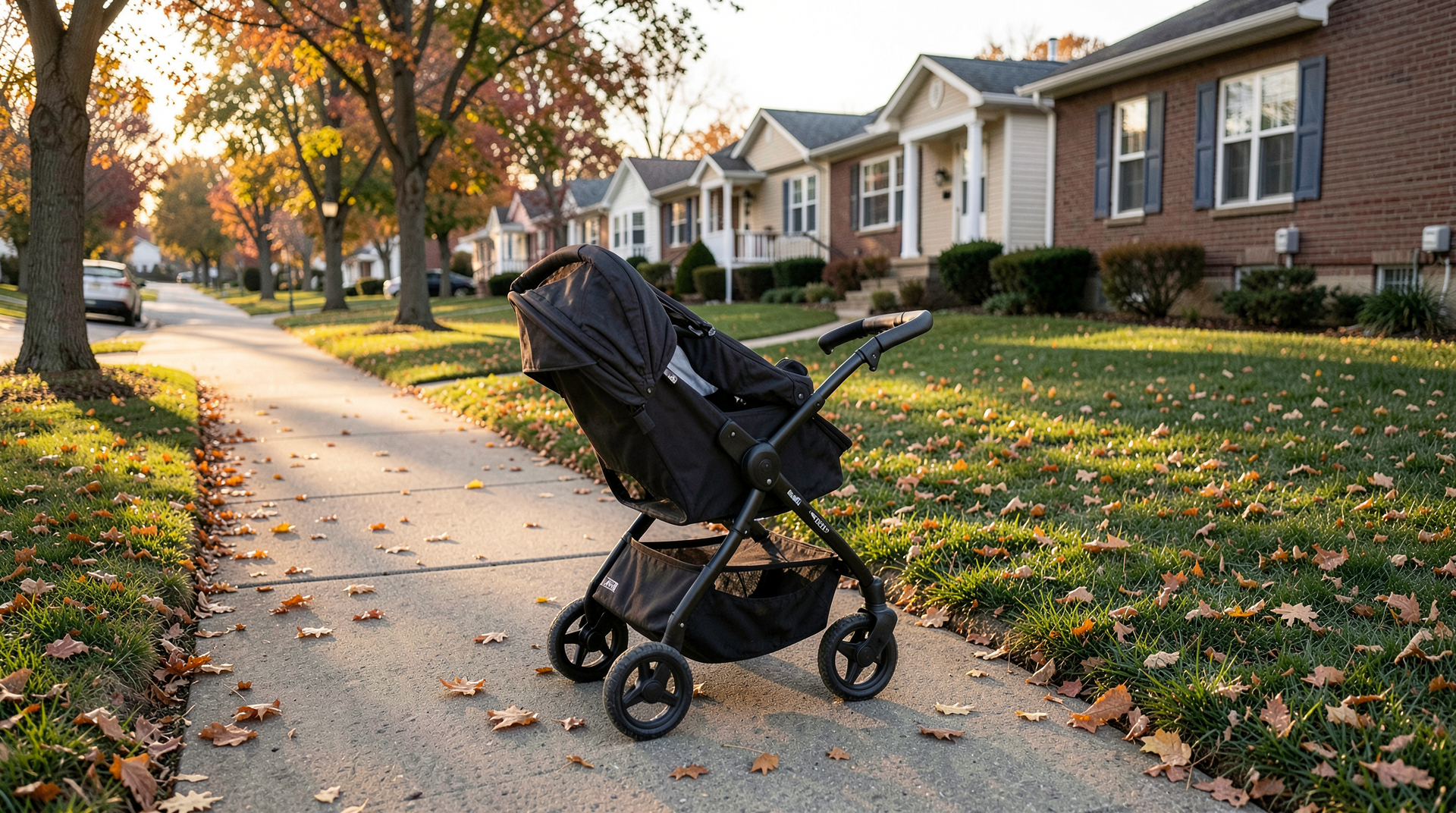 Empty stroller on a quiet suburban sidewalk with autumn leaves, a row of houses visible in the background