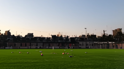 Empty Arsenal training pitch at London Colney at dusk, cones and a lone ball in the center circle.