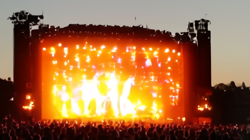 A pop singer performs with four guest artists on a backlit main stage at Coachella Saturday night