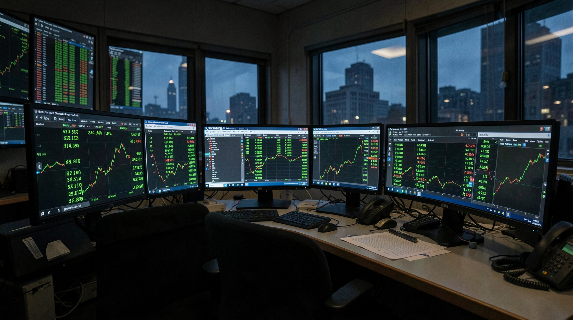 Pre-market trading screens at a New York commodities desk in the early Monday hours, Brent ticking green on a red backdrop, the dated column highlighted, an analyst phone between screen and chair.