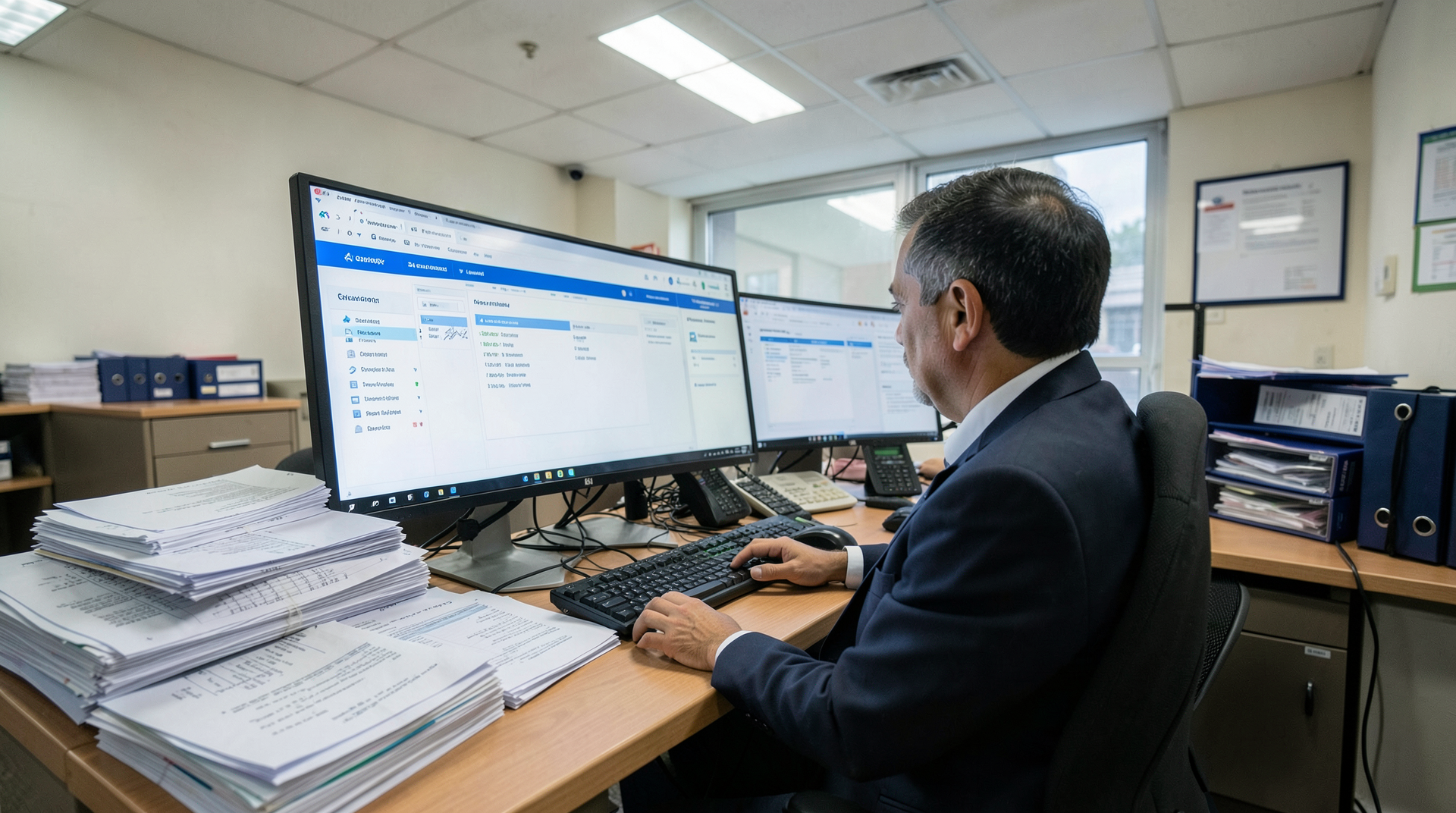 Customs broker at a desk with multiple screens showing the ACE portal filing interface, stacks of import documents visible