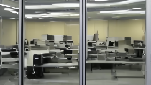 An empty CBS Radio news studio at midday, microphone hanging from a boom arm over a vacant chair, newsroom glass behind the booth showing empty cubicles and an unlit on-air lamp.