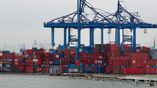 Container ship alongside a Shanghai terminal crane in grey weather, stacks loaded high, tugboat moving alongside.