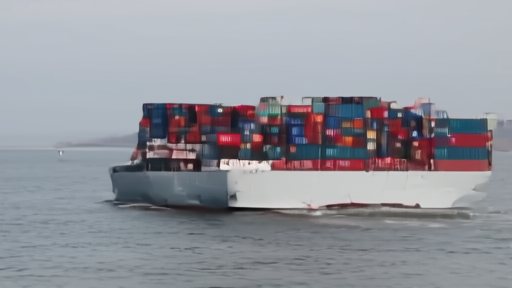 Large French-flagged container ship at sea, tall stacks of coloured containers on deck, choppy grey water, Strait of Hormuz horizon.