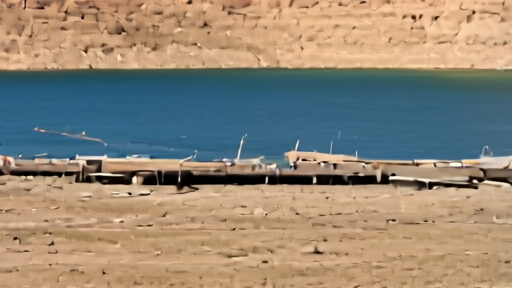 A bathtub ring of pale mineral stain on sandstone walls above a narrow blue river channel at Lake Powell, exposed boat ramps, empty marina.
