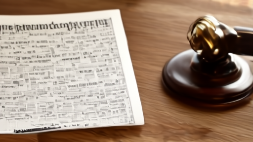 A printed newspaper corrections page sits on a wooden desk beside a judge's gavel and a federal court docket printout