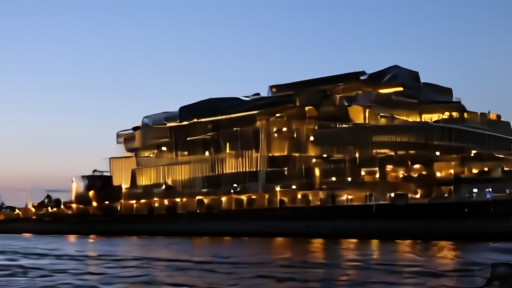 The European Central Bank tower in Frankfurt at twilight reflected in the River Main, the illuminated ECB logo visible, empty trams crossing in the foreground.