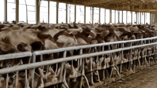 Dairy barn at morning with cattle at a feed rail, a lone worker in coveralls visible in the aisle.