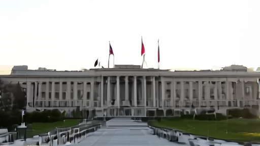 Rayburn House Office Building at morning, flags over the main entrance, a quiet walkway.