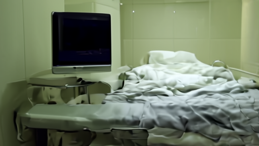 Empty MRI console in a pediatric imaging suite, monitor on standby, a folded blanket on the scanner bed.