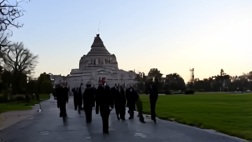 Indian officials in dark suits walking toward a federal building in Washington, motorcade visible behind them, early morning light on the Potomac.