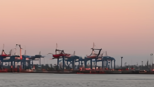 Bandar Abbas port at dawn with cranes idle, a single tug visible in the harbour.