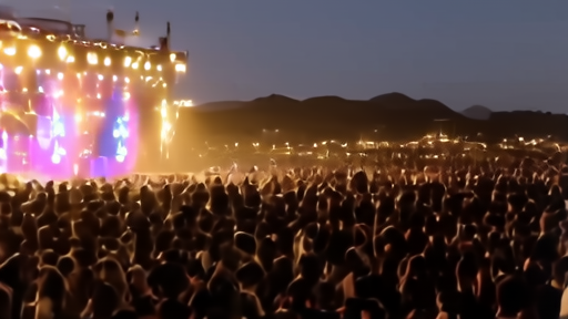 Stage-level view of Coachella's main stage late at night, a performer in showgirl-style glitter costume, thousands of faces in the foreground, desert sky.
