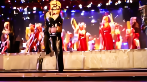 Two performers on Coachella main stage at night, one in a corseted black leather outfit and jacket, the other in red, backup dancers in nun habits on the ramp behind.