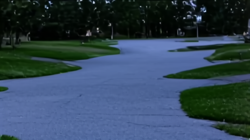 Empty suburban cul-de-sac at dusk with porch lights on, a single figure walking a dog at distance.
