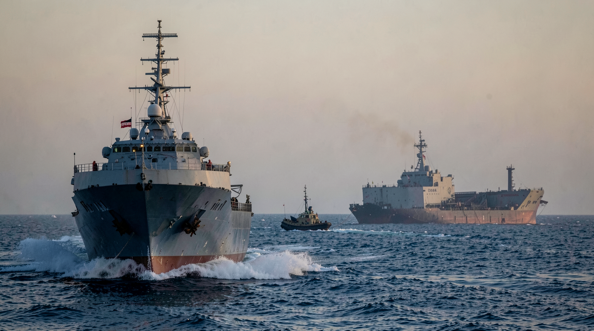 USS Spruance DDG-111 at dusk in the Gulf of Oman with the disabled MV Touska in the distance and a Marine RHIB between them