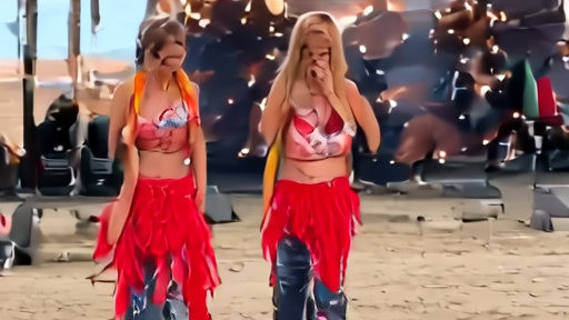Two pop singers on a main stage in Indio, one in a pink latex bra and red fringe skirt, one in a leather bra and jeans, hand in hand, stage lights.