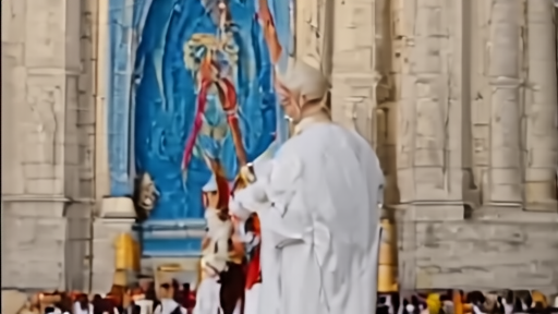 Pope Leo XIV in white cassock holding a rosary in both hands, standing before the small blue-painted statue of Our Lady of Muxima, late-afternoon Angolan light through cathedral windows.