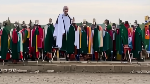 Pope in white cassock approaching an esplanade stage under low clouds, vested priests in a line below, African interior light.