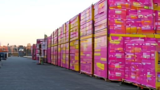 A warehouse loading dock at twilight stacked with shrink-wrapped pallets of building insulation, a forklift idling, one delivery truck backed in.