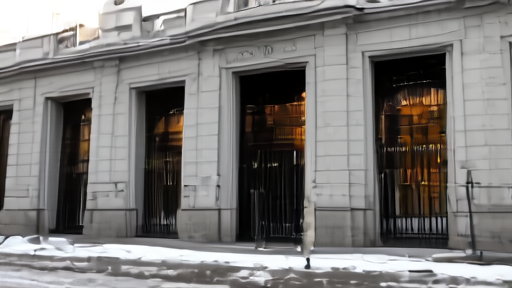 Exterior of Petrovka 38 detention facility in central Moscow at dawn, snow remnants on the sidewalk.