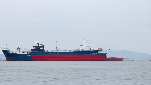 A row of crude oil tankers at anchor in calm water under a grey sky, no visible crew.
