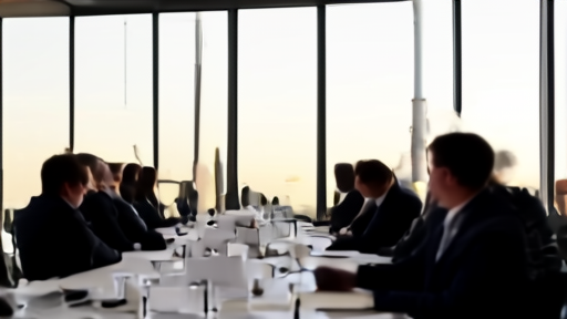 Institutional investors in business attire seated in a large conference room with a SpaceX Starship model on a side table, presentation screen illuminated.