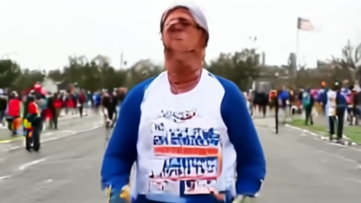 A retired NASA astronaut in a Boston Marathon runner's bib stands at the Hopkinton starting line on a cool April morning