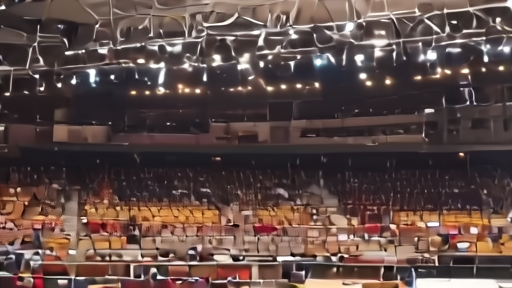 Empty arena floor being swept after hours, rows of empty seats in background, house lights at half, stage riggings visible.