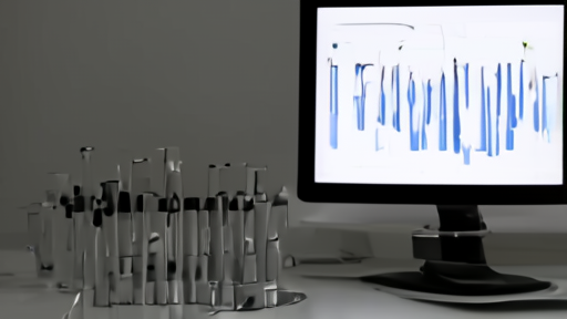 Laboratory gel electrophoresis image on a monitor with pipettes and lab notebook in the foreground.
