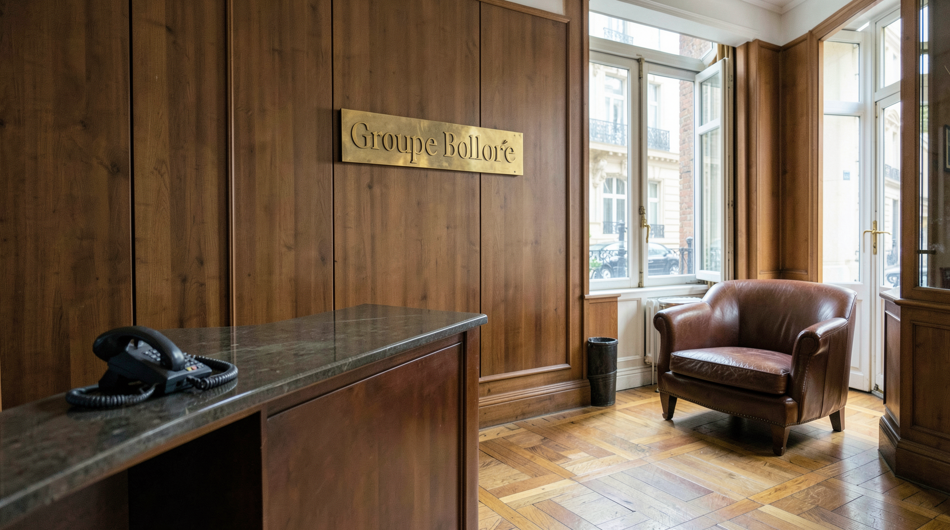 A Paris business reception desk on Tuesday afternoon, an unattended phone at left, an engraved brass plate reading Groupe Bolloré on the wall behind, late-spring light through tall windows, no visitor in frame.