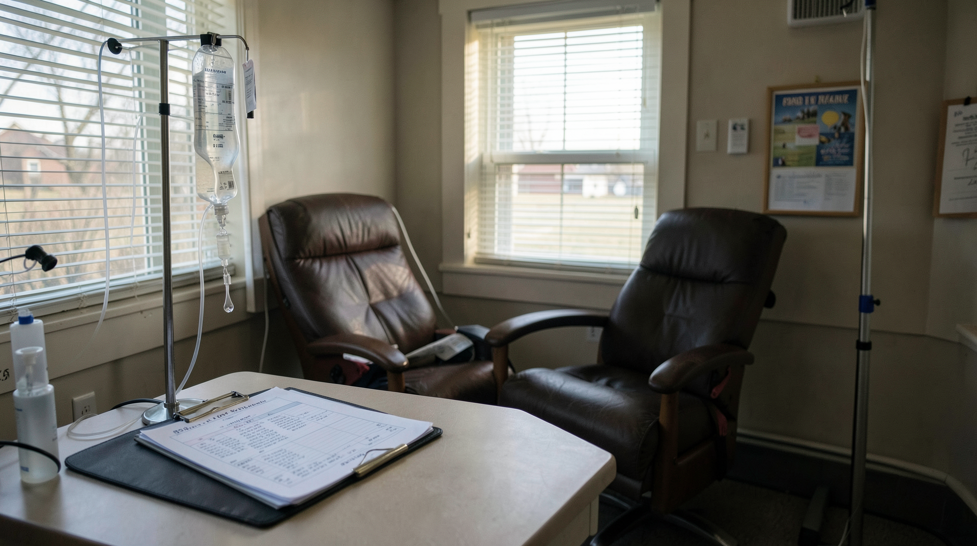 A Tuesday-morning infusion clinic with the weekly schedule visible on a clipboard and a patient's IV bag already hung