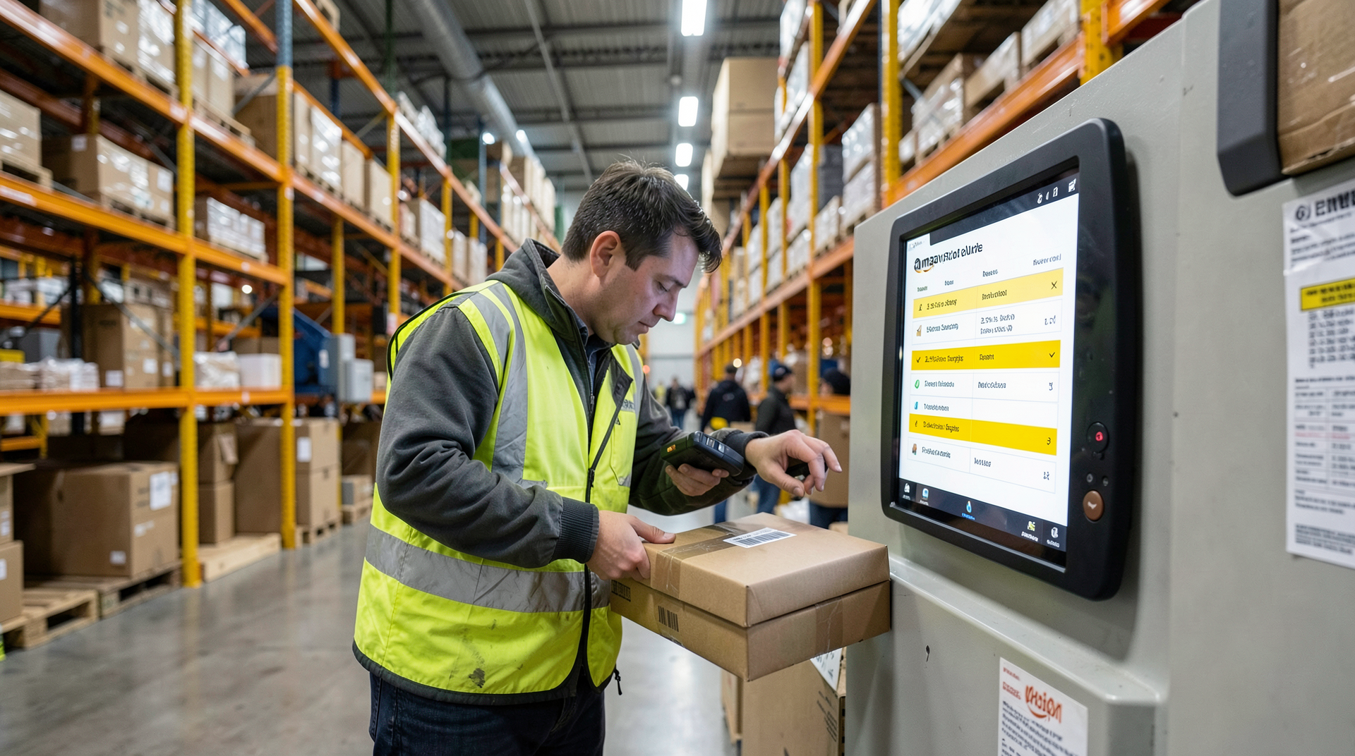 An Amazon FBA warehouse aisle on Tuesday morning, a worker scanning a package with a handheld unit while a digital rate-sheet on a wall tablet shows the new 3.5 percent surcharge line item highlighted.