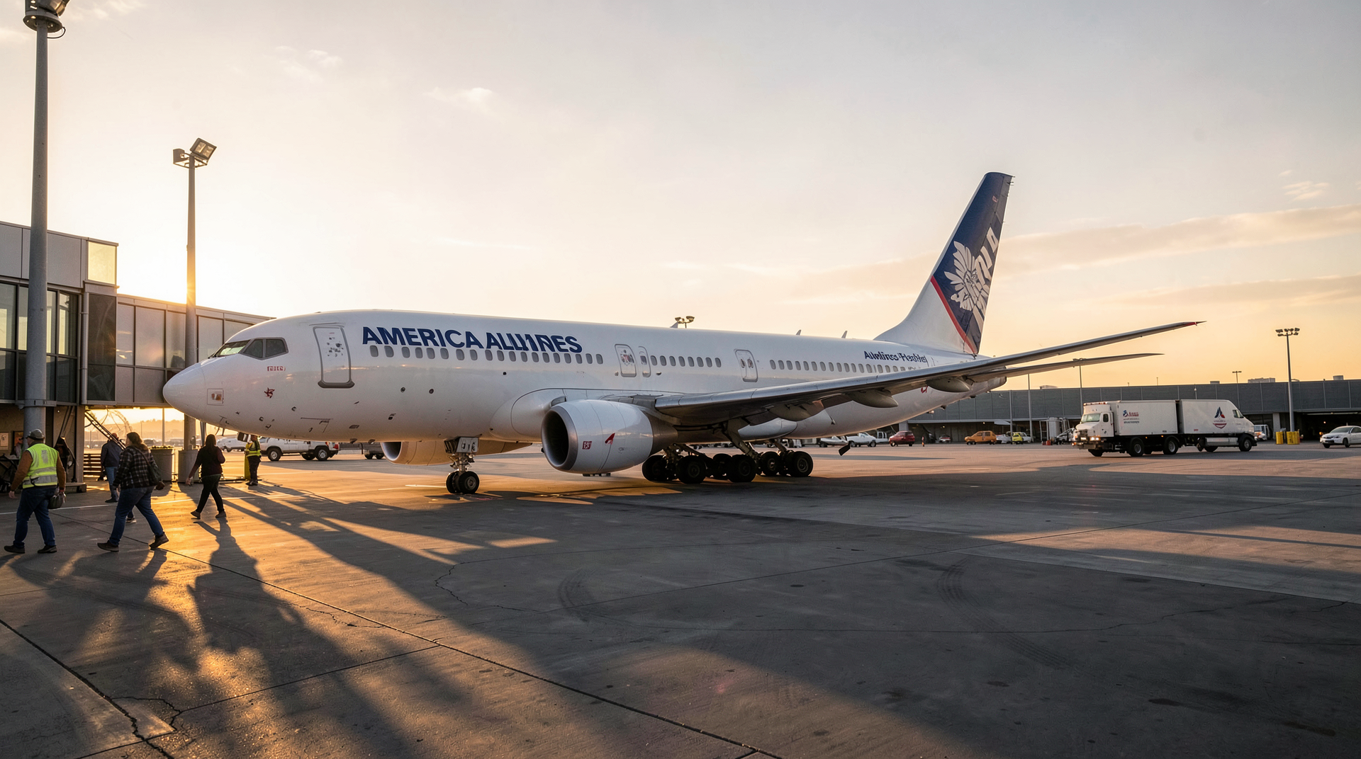 An American Airlines 777-200 nose at a sunset gate in Dallas-Fort Worth, earnings-week fuel truck in the background, long shadows across the tarmac.