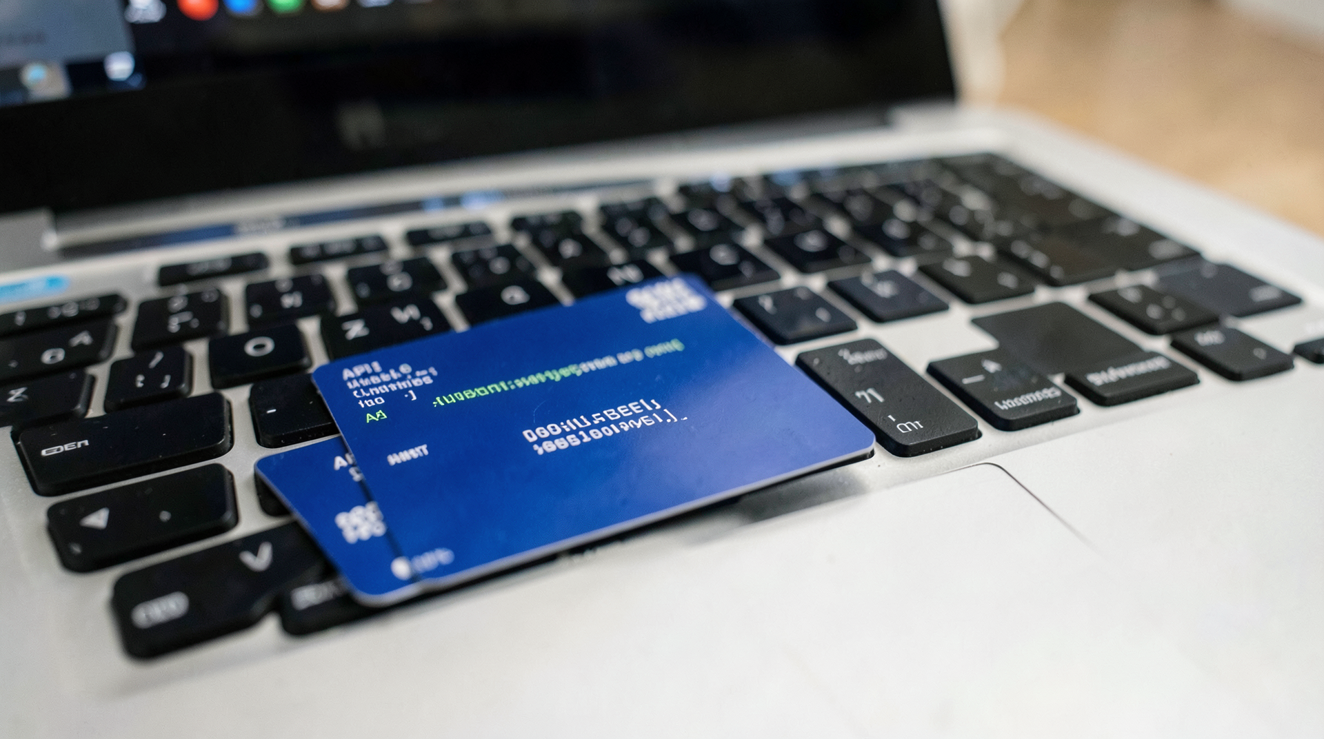 American Express card on a laptop keyboard with a terminal window showing API authentication