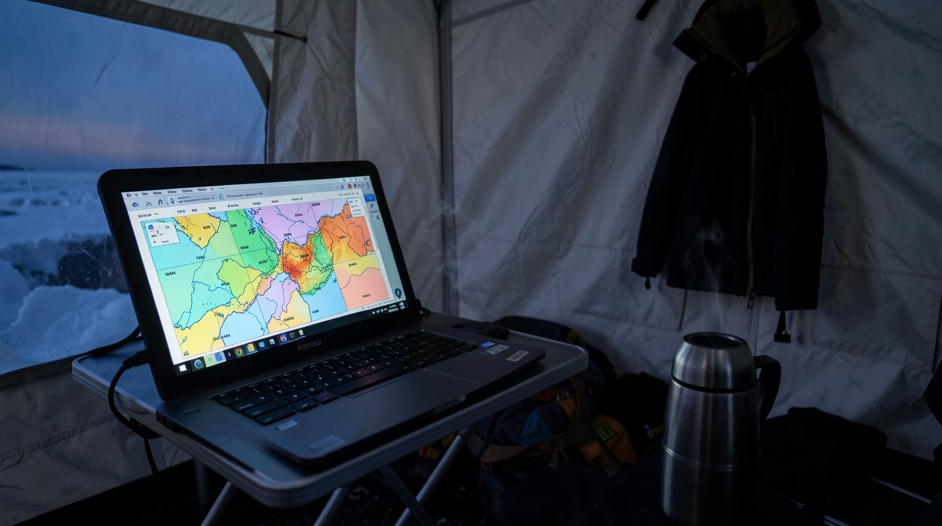 A glaciologist's laptop open on a folding desk inside a polar research tent, the screen showing a color-coded risk map of the Antarctic continent divided into eighteen numbered drainage basins, a coffee flask steaming in the foreground.