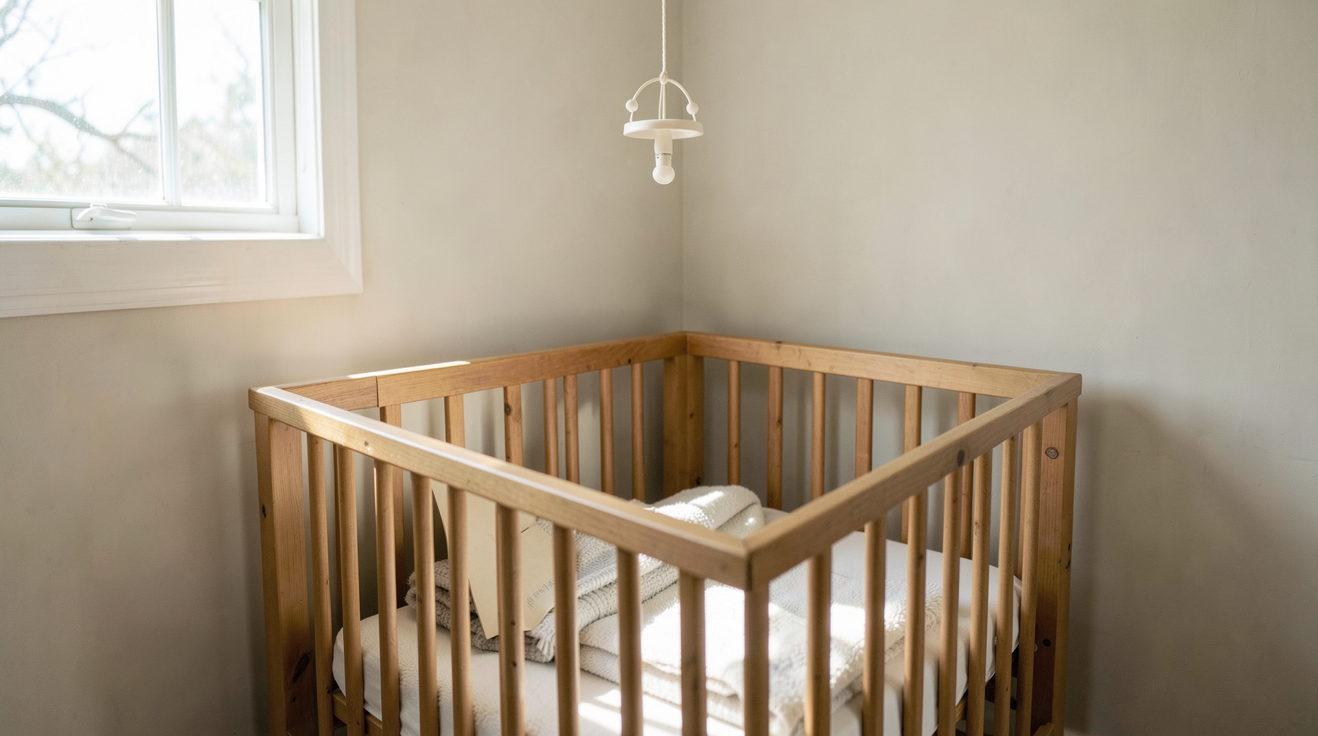 An empty wooden crib in a nursery corner on a Tuesday morning, sunlight on a folded blanket, a $1,000 savings-bond envelope leaning against the bars, a mobile hanging motionless above, no infant present.