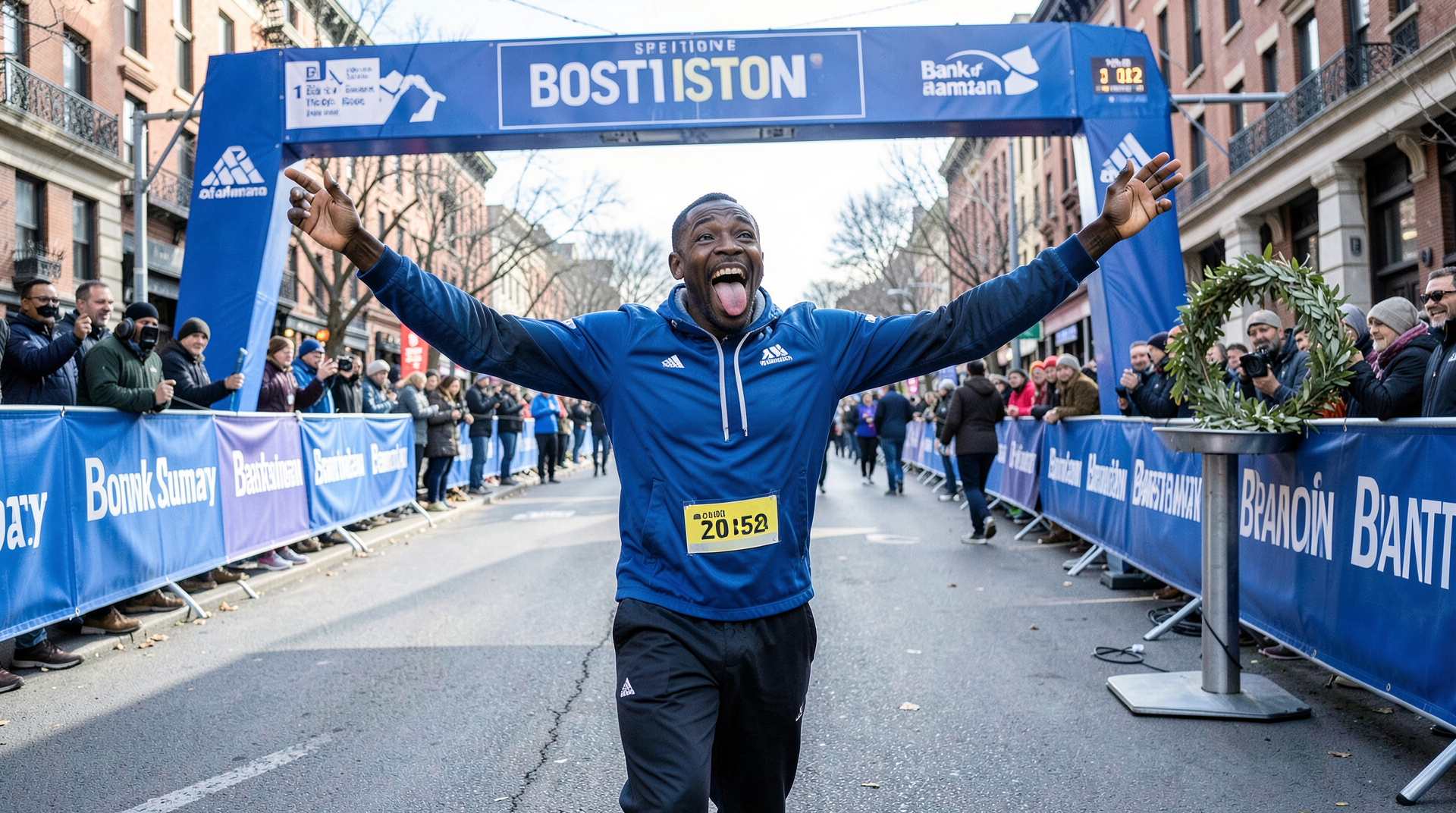 John Korir of Kenya crossing the Boston Marathon finish line on Boylston Street with his arms outstretched and tongue out, a course record clock reading 2:01:52 in the background, Bank of America banners lining the chute.