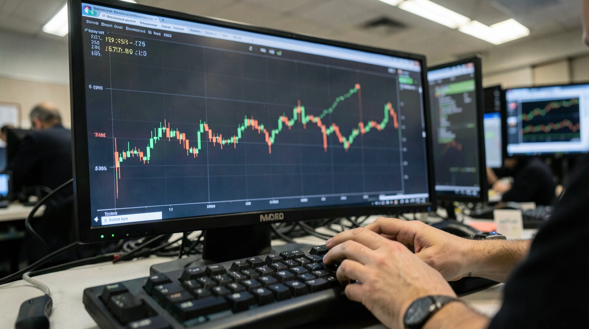 A trading floor screen close-up showing Brent's Monday green candle and Tuesday's small red bar, hands in frame hovering over a keyboard.
