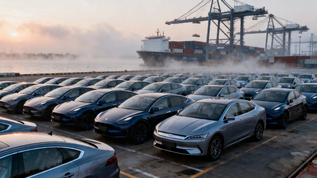 A Shanghai port lot with rows of BYD Seal and Tesla Model Y sedans staged for export, container cranes in the background, early morning dock light.