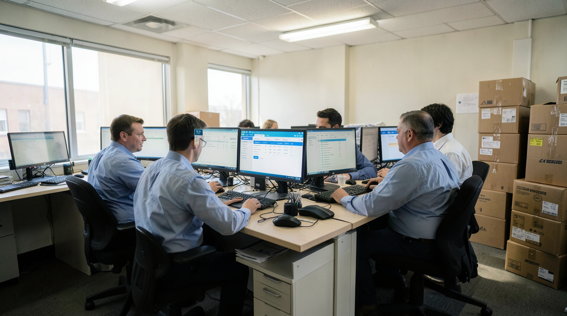 A customs-broker office bullpen in the early afternoon, three brokers at dual-monitor stations with the CAPE portal open on screen, apparel shipping boxes stacked in the corner.