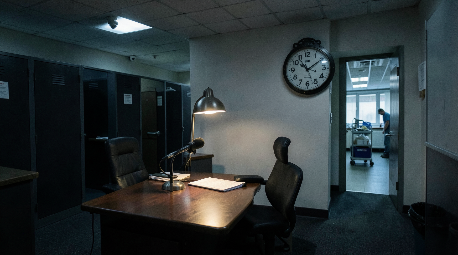 A dimmed CBS Radio newsroom after hours on a Tuesday, a single anchor desk lamp still on, a wall clock reading 6:55 p.m. above an unattended microphone, newsroom beyond the glass dark except for one cleaner's cart.