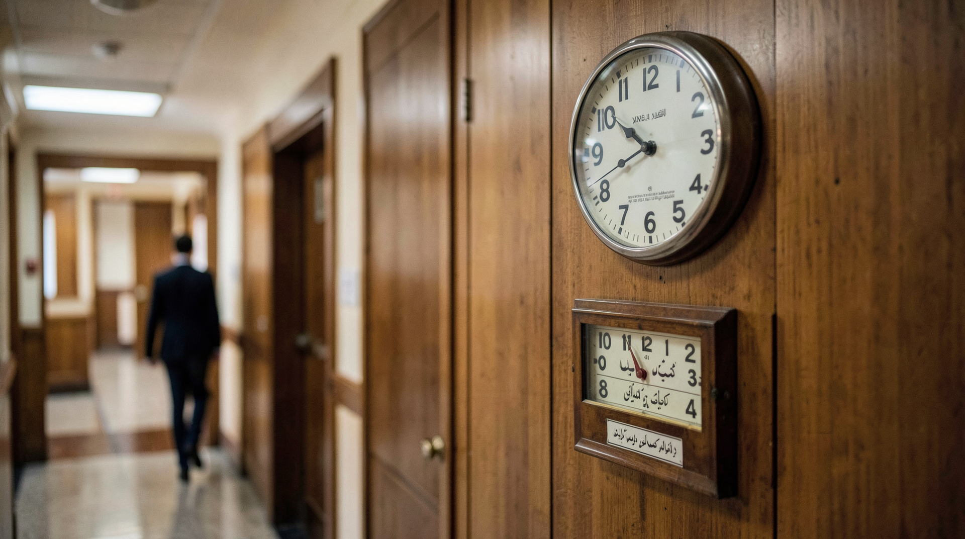 Situation Room-adjacent wall clock reading mid-afternoon, a world-time panel showing Tehran and Islamabad hours, a single staffer silhouette mid-frame in soft focus.