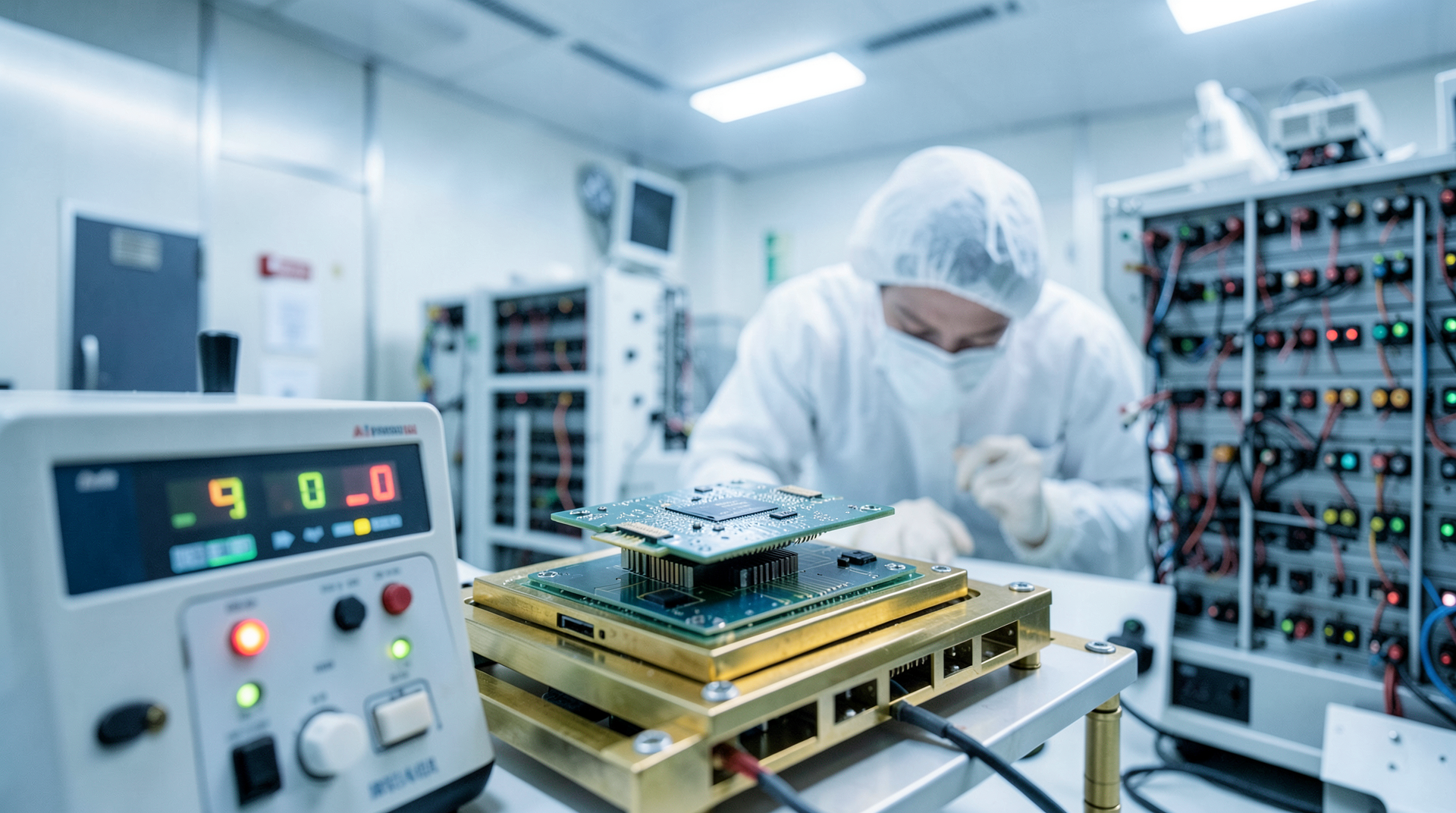 A wafer-scale engine on a test rig in a clean-room environment, the WSE logo visible on a panel, a technician in bunny-suit in the middle distance checking a connector.