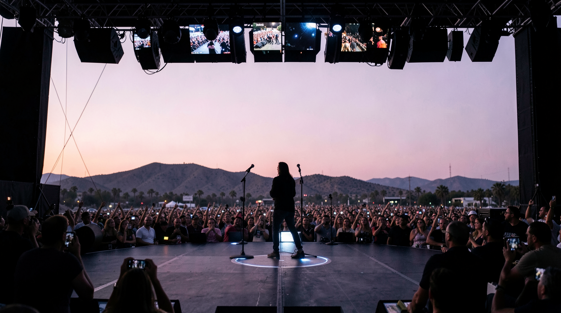 Wide-angle Coachella main-stage shot at dusk — two mic-stands lit in the center, a silhouette mid-stride, desert hills in the middle distance.