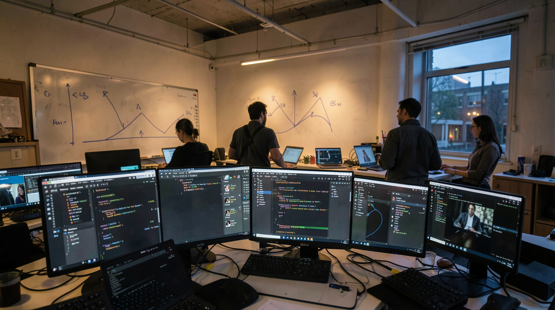 An open-plan engineering office after 9 p.m., a wall of monitors showing Cursor IDE windows with AI chat panels open, engineers at standing desks, a whiteboard in the background with revenue charts sketched in blue marker.