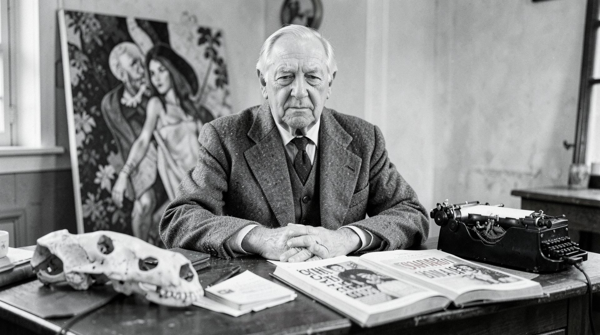 Monochrome archival portrait from the late 1960s — Morris at his desk with a manual typewriter and open copies of The Naked Ape, a primate skull in the foreground.